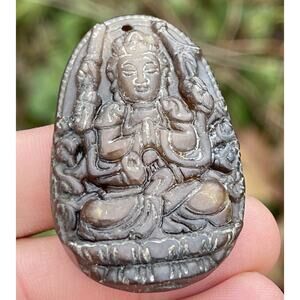 106ct Jade Pendant Necklace Buddha Vintage Jadeite Carved Estate Red Orange